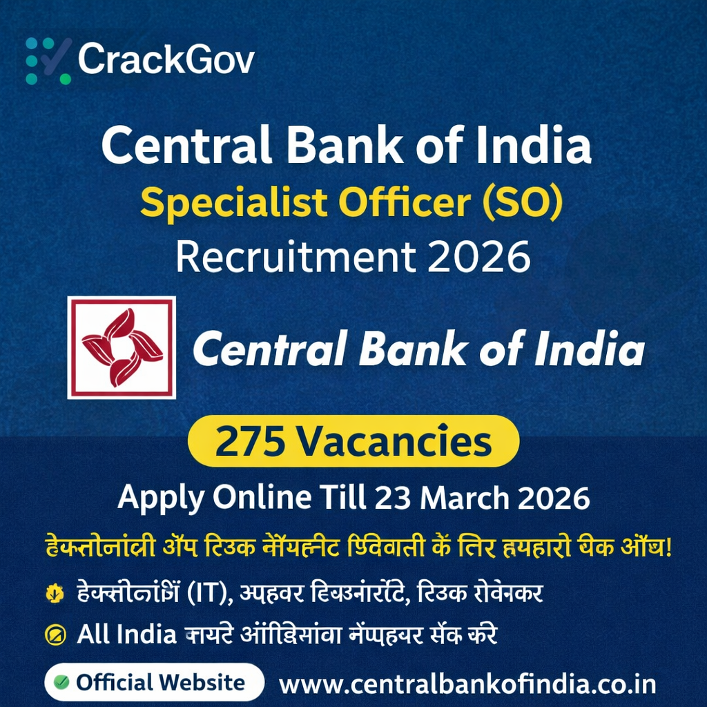 Central Bank of India Specialist Officer SO Recruitment 2026 (275 Posts)