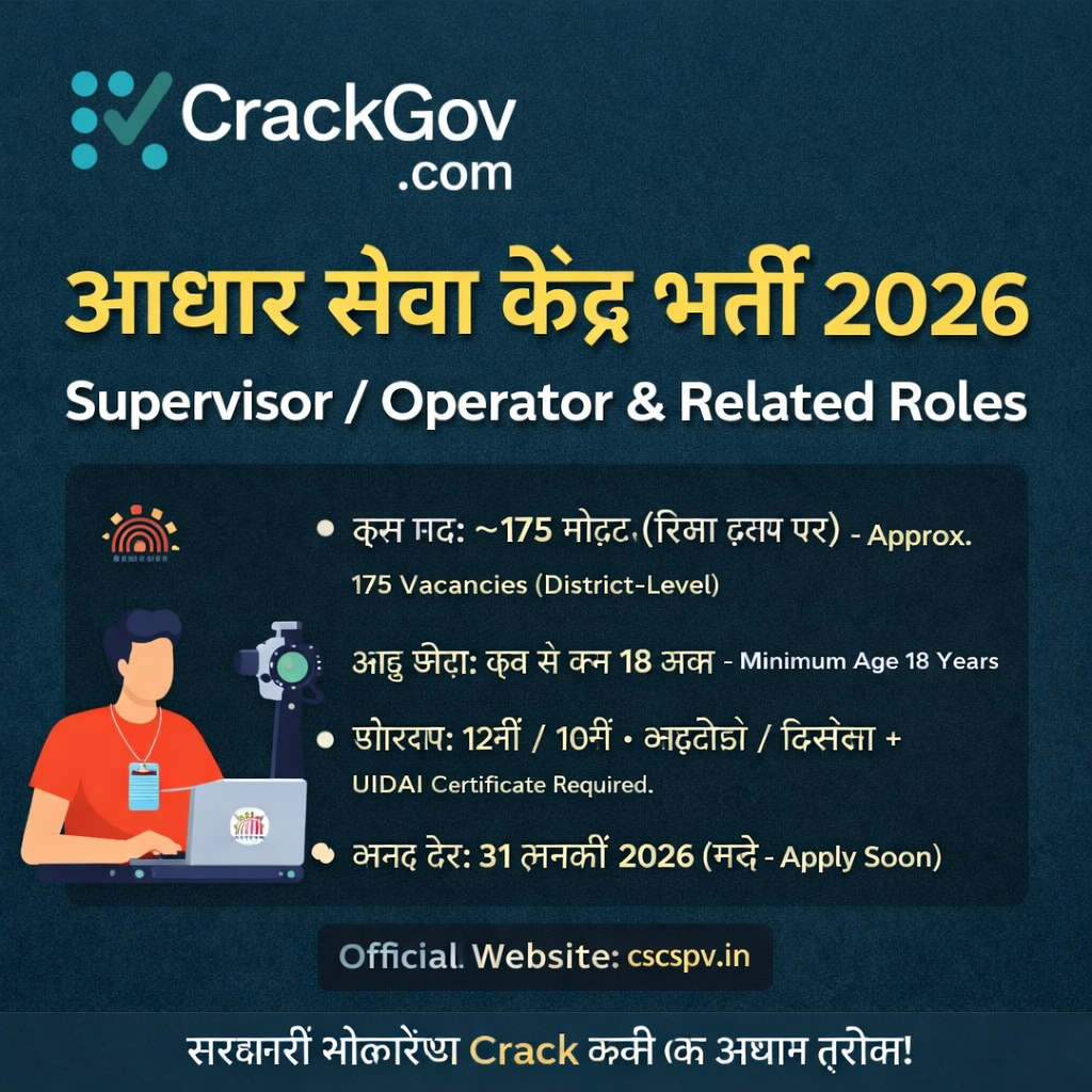 Aadhaar Seva Kendra Supervisor / Operator Recruitment 2026
