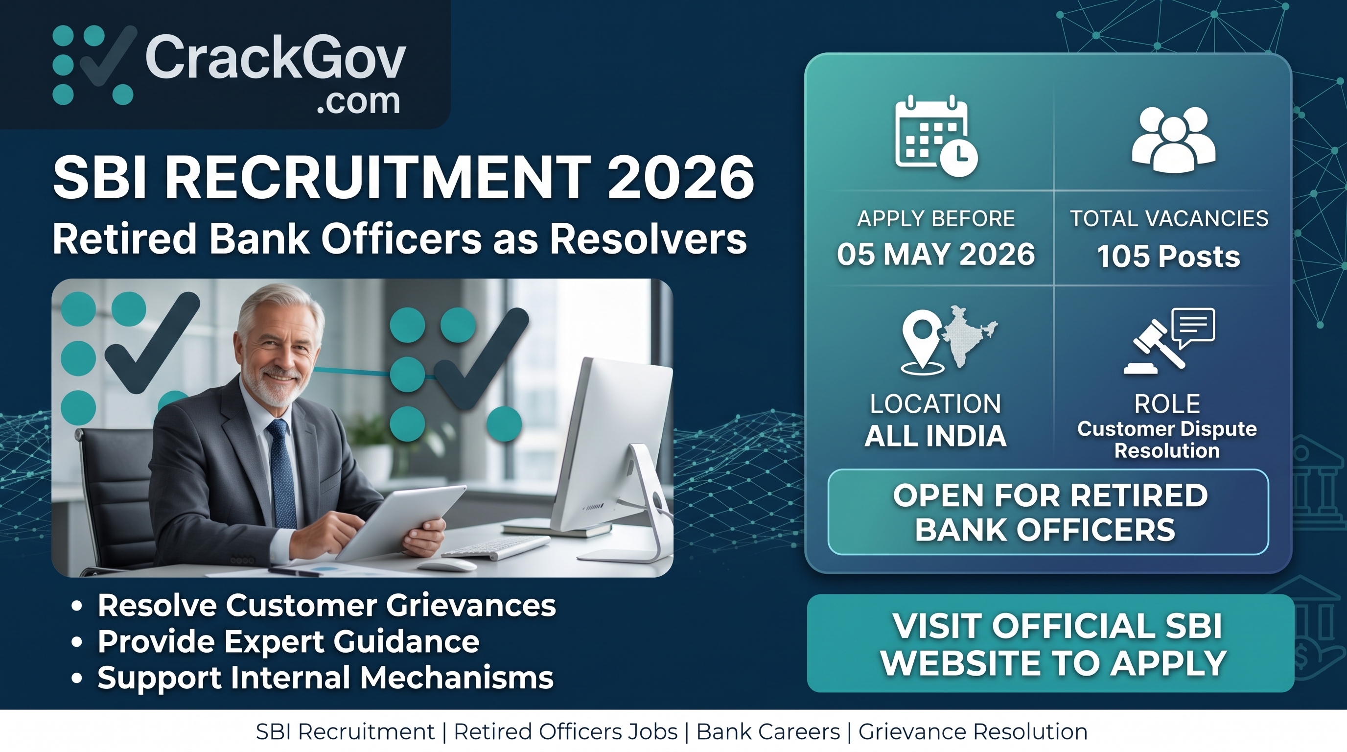 SBI Retired Bank Officers Recruitment 2026 for 105 Resolver Posts