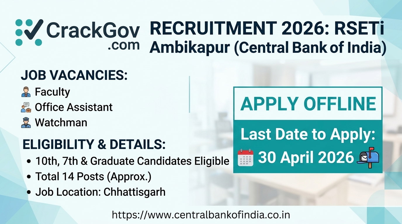 Central Bank of India RSETi Ambikapur Recruitment 2026 for Faculty, Office Assistant & Watchman
