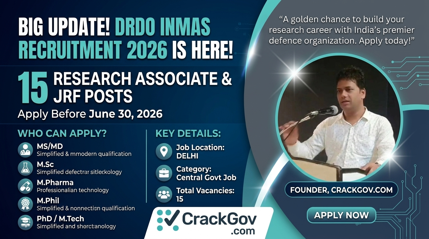 DRDO INMAS Recruitment 2026 for Research Associate & Junior Research Fellow Posts